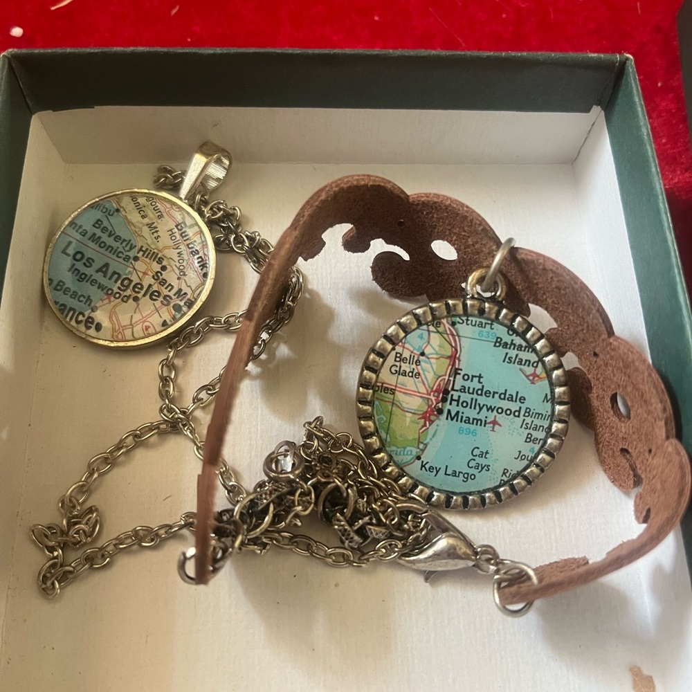 Vintage Map Pendant Necklace and Bracelet Set